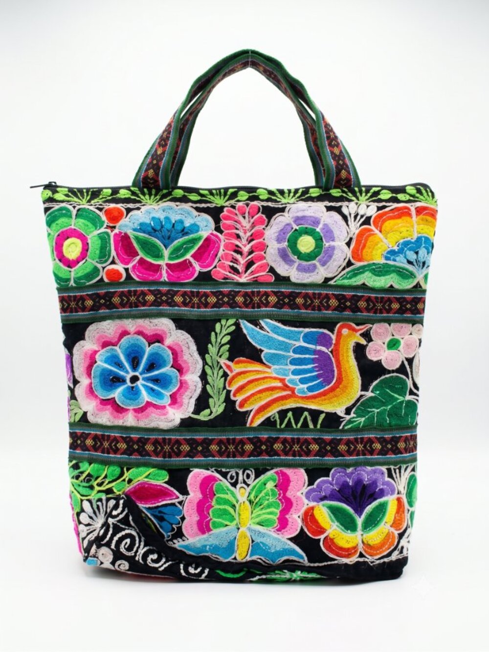 Handmade Embroidered Wallet with Multicolored Flowers and Birds Design